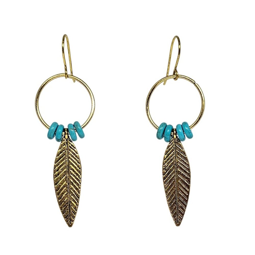 Handmade Blue Magnesite Beaded Gold Feather Charm Dangle Earrings Boho Western